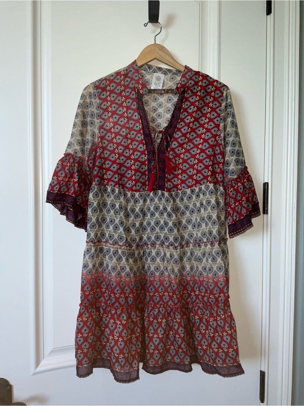Boho Tie-Front Mini Dress in Red and Cream